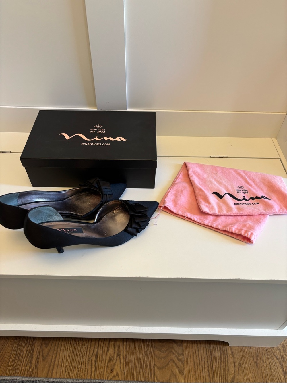 Nina Brynn black luster satin kitten heels